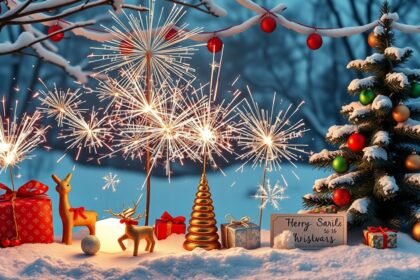 Karácsonyi csillagszórók, tűzijáték és díszek havas tájon.