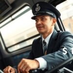 Mozdonyvezető a vezetőfülkében, a munkája közben