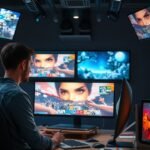 Animációkészítő munka egy modern stúdióban több monitor előtt.