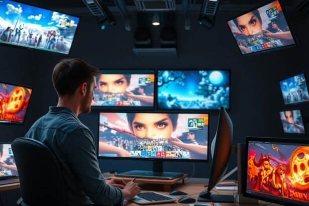 Animációkészítő munka egy modern stúdióban több monitor előtt.