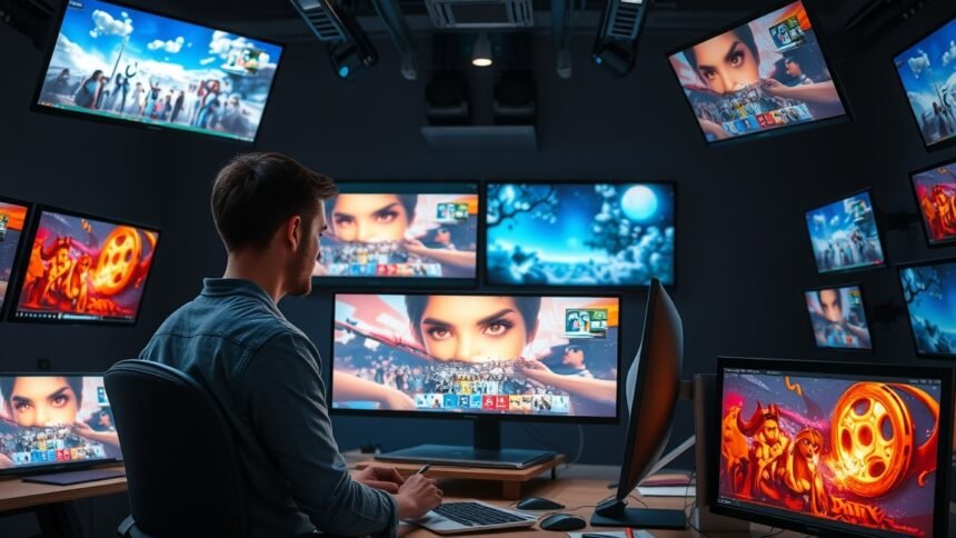 Animációkészítő munka egy modern stúdióban több monitor előtt.