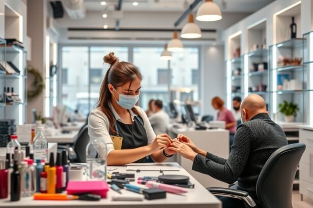 Műkörmös munka közben, különböző manikűr eszközökkel.