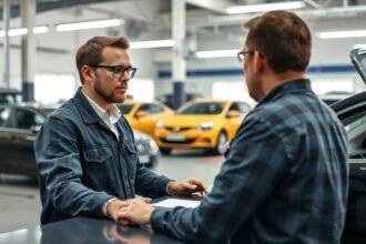Munkafelvevő beszélget egy potenciális jelölttel autószalonban.