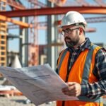 Műszaki ellenőr építkezésen, terveket nézve.