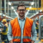 Műszakvezető egy gyártóüzemben, orange fényvisszaverő mellényben