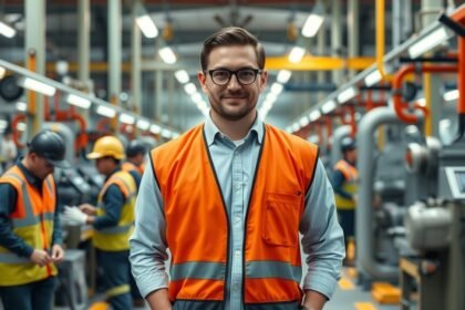 Műszakvezető egy gyártóüzemben, orange fényvisszaverő mellényben