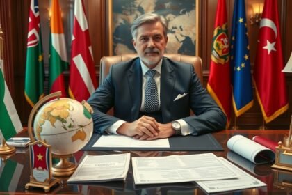 Diplomata nagykövet az íróasztalnál, nemzetközi zászlók között.