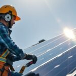 Napelemszerelő munka közben a tetőn, napenergiával foglalkozik.