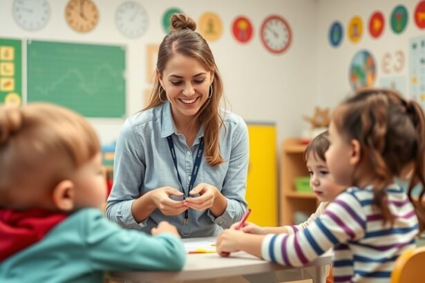 Napközis tanár interakció gyerekekkel az osztályteremben.