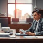 NAV-os irodai munka, fiatal szakember, dokumentumokat néz