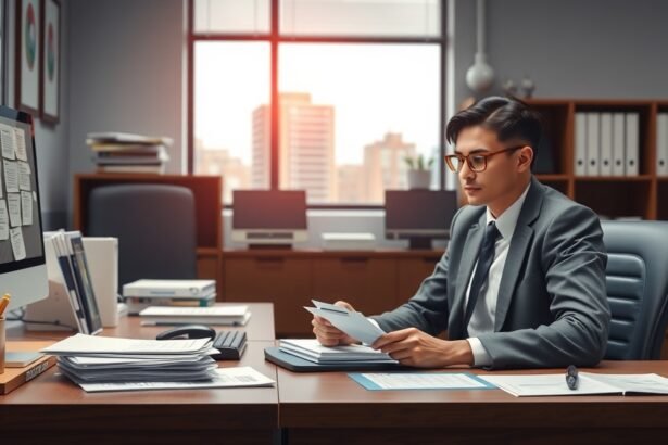 NAV-os irodai munka, fiatal szakember, dokumentumokat néz