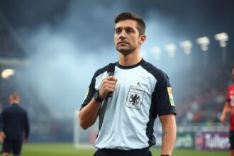 NB I-es játékvezető a mérkőzés előtt, foci stadionban