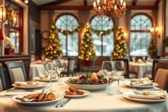 Karácsonyi ünnepi ebéd asztala étteremben, díszes terítéssel.