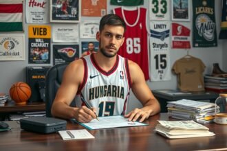 Egy kosárlabdázó ül az asztalnál, szerződést ír alá.