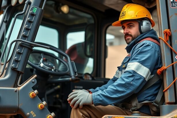 Nehézgépkezelő munkavégzés közben, egy modern építési gép mellett.