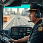 Nemzetközi buszsofőr a vezetőülésben, úton.
