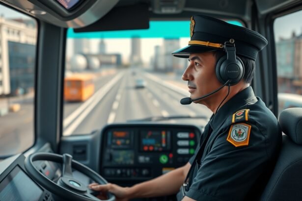 Nemzetközi buszsofőr a vezetőülésben, úton.