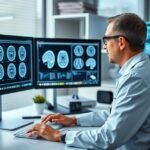 Neurológus szakember számítógépnél agyi felvételek elemzés közben