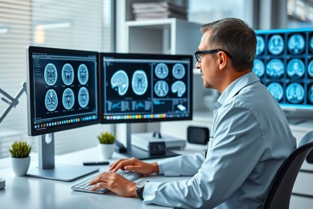 Neurológus szakember számítógépnél agyi felvételek elemzés közben