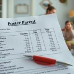 Egy nevelőszülői jövedelem-kimutatás papírjai és egy piros toll.