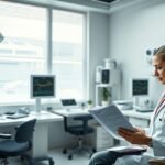 Nőgyógyász orvos munkahelyi környezetben, dokumentumot olvasva.