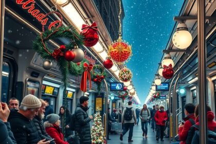 Karácsonyi díszítés a tömegközlekedésben, ünnepi utazás.