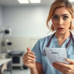 Nővér a fizetési csekkjével, meglepődve az egészségügyi környezetben.