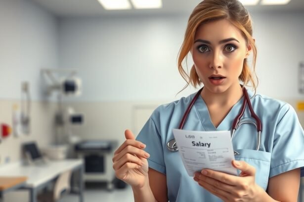 Nővér a fizetési csekkjével, meglepődve az egészségügyi környezetben.