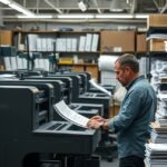 Nyomdász munkahelyi környezet, gépekkel és papírokkal.