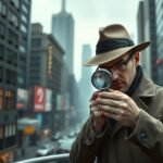 Nyomozó a városi utcán nagyítóval nyomoz