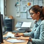 Oktatásszervező munkahelyi környezetben, számítógép előtt ülve.