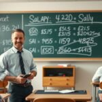 Oktató a táblánál, diákokkal, fizetési adatokkal