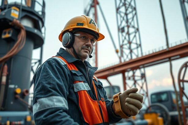 Olajfúró munkás védőfelszerelésben az olajipar területén.