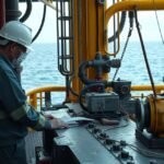 Olajmérnök munkakörnyezetében, hajón, olajfúrás közben