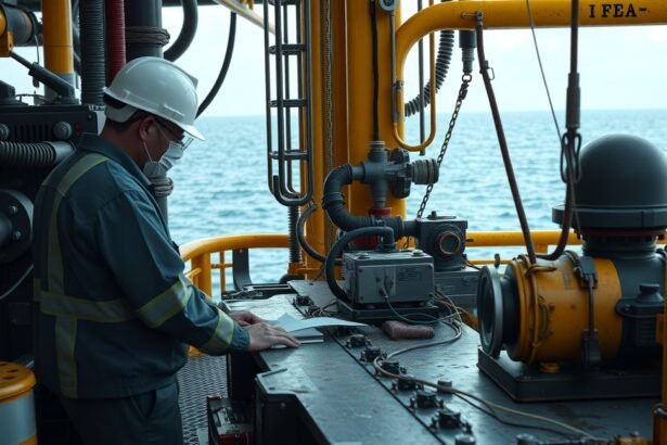 Olajmérnök munkakörnyezetében, hajón, olajfúrás közben