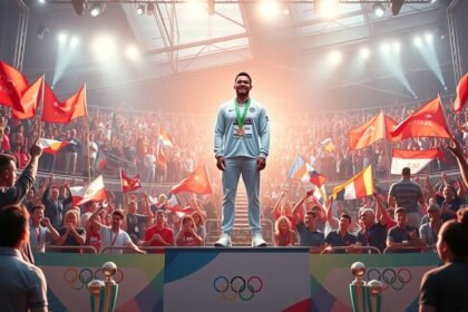 Olimpiai bajnok sportoló a dobogón, ünneplő tömeg előtt.