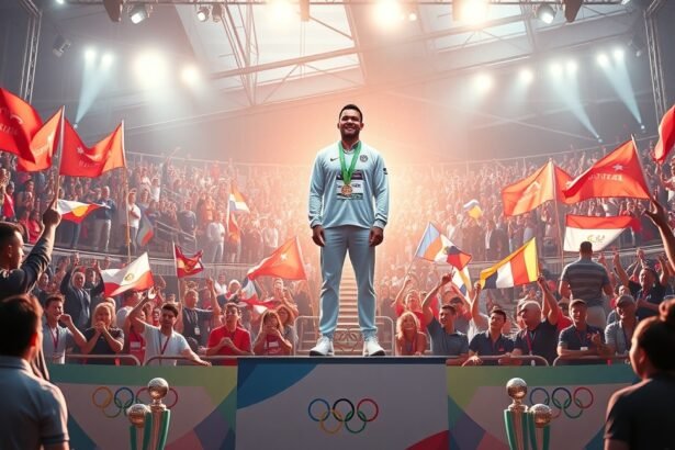 Olimpiai bajnok sportoló a dobogón, ünneplő tömeg előtt.