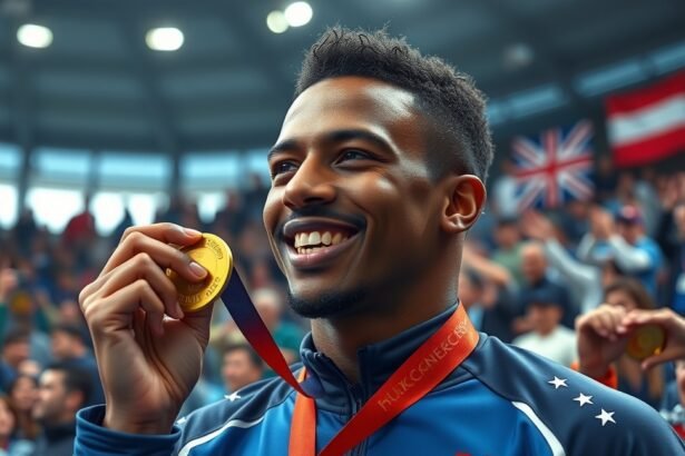 Olimpikon aranyérmes mosolyog a versenyeredménye után.