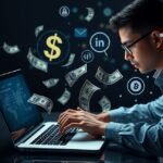 Online networker munka közben, pénz és digitális eszközök körülötte.