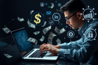Online networker munka közben, pénz és digitális eszközök körülötte.