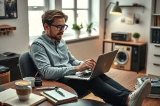 Online újságíró dolgozik laptopján egy modern irodában.