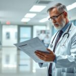 Onkológus dolgozik a kórházban, orvosi dokumentumot olvas
