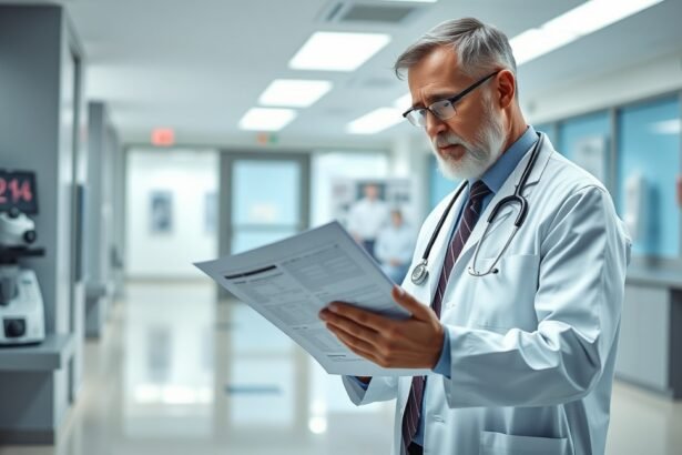 Onkológus dolgozik a kórházban, orvosi dokumentumot olvas