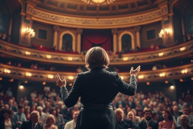 Operaénekes előadás a színpadon egy zsúfolt nézőtéren