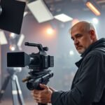Operatőr kamerával a filmkészítés hátterében