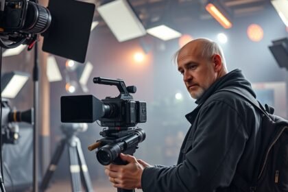 Operatőr kamerával a filmkészítés hátterében