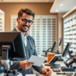 Optikus munkáját végző fiatal férfi, szemüvegek között, boltban