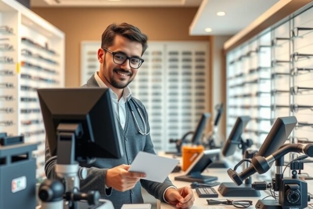 Optikus munkáját végző fiatal férfi, szemüvegek között, boltban