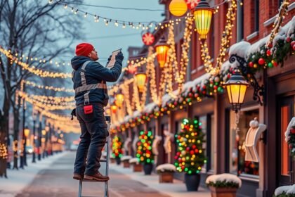 Férfi állványon karácsonyi fények karbantartása közben, havas utcában.