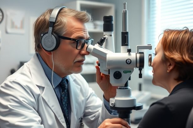 Optometrista vizsgálat közben, egészségügyi rendelőben.